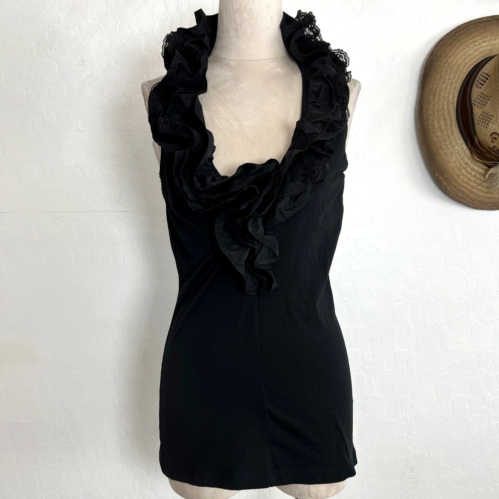 Cabi Black Taffeta Lace Ruffle Neck Sleeveless Tank Top S